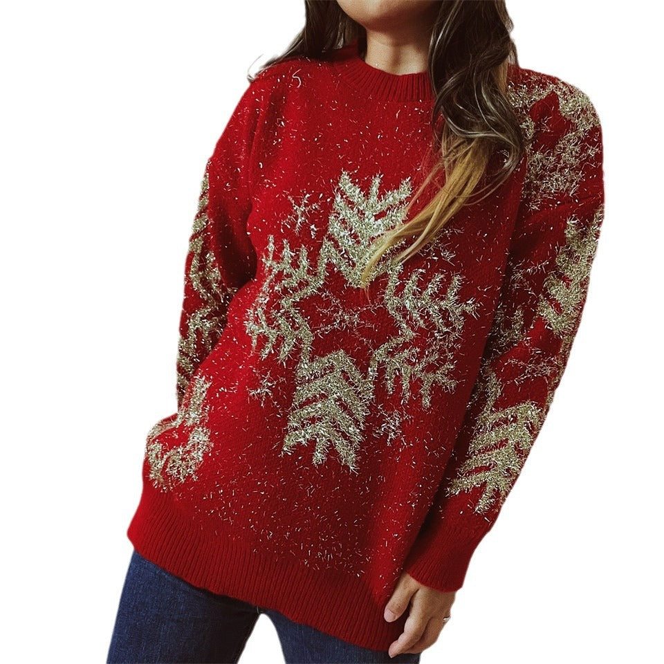 Women's Fashion Loose Gold Line Large Snowflake Christmas Sweater