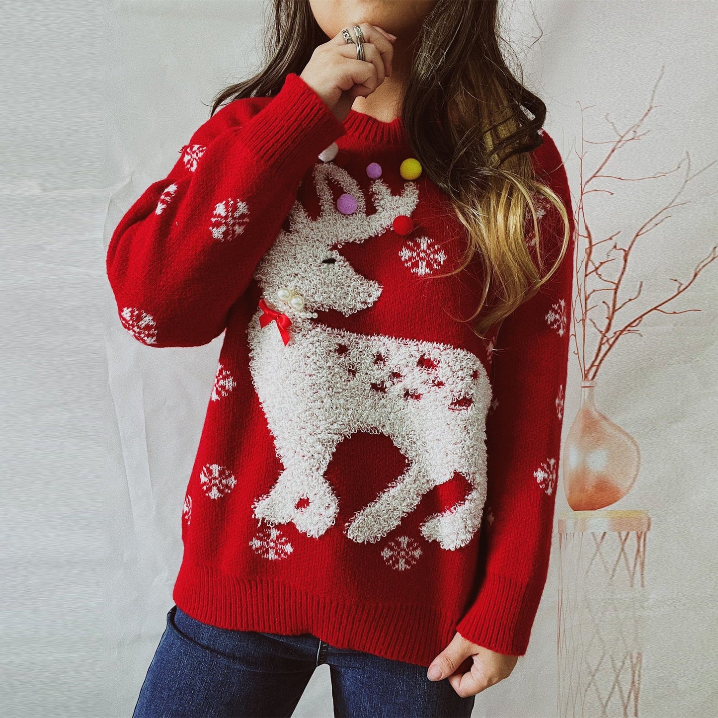 Women's Elk Flocking Jacquard Handmade Pearl Colorful Ball Decorative Knitted Christmas Sweater