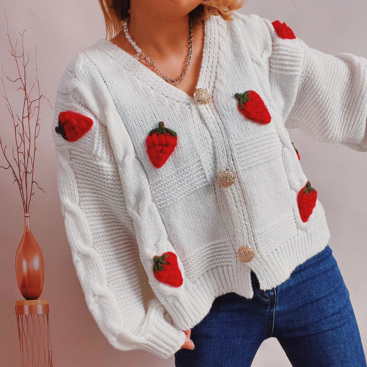 Women's Fashion Casual Loose Strawberry Embroidery Single-breasted Sweater