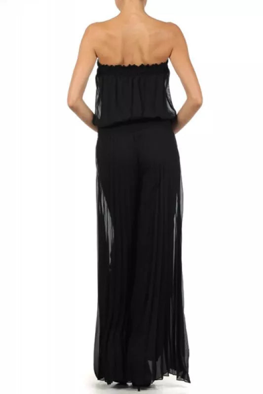 Women's Solid Strapless Full Length Jumpsuit With Lace Trim On Waist, Black