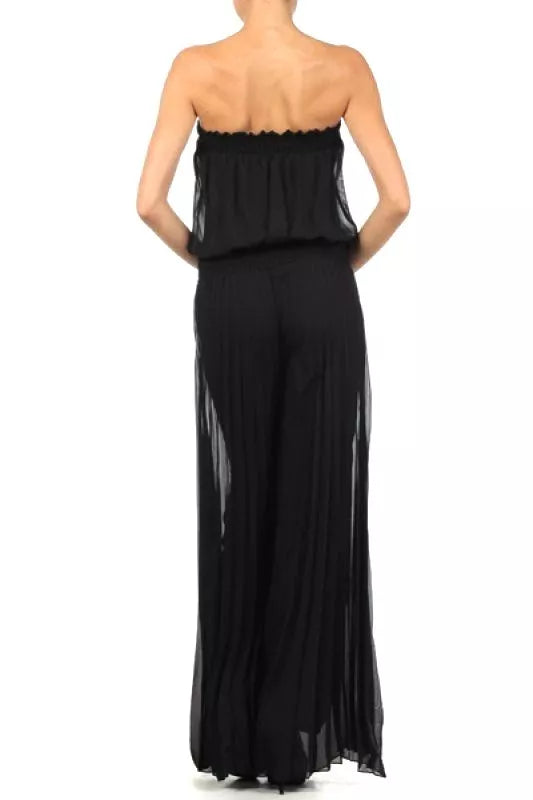 Women's Solid Strapless Full Length Jumpsuit With Lace Trim On Waist, Black