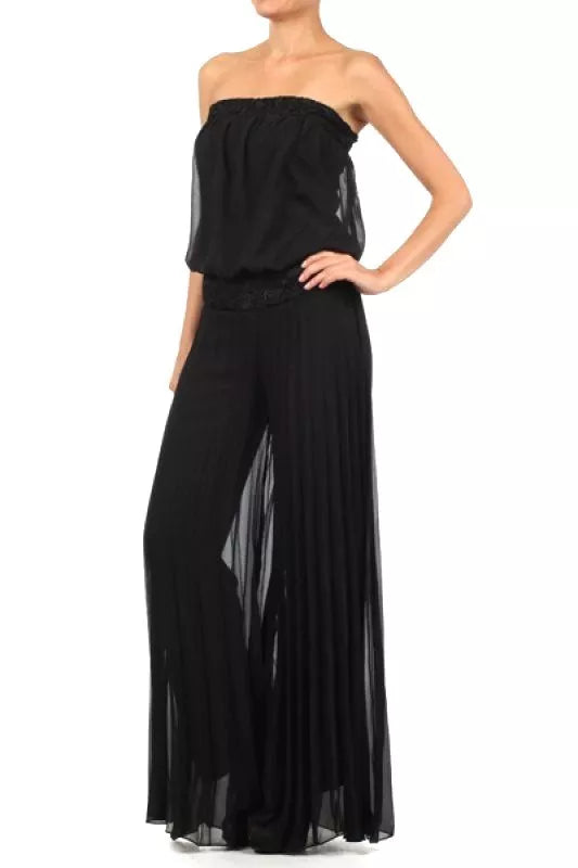 Women's Solid Strapless Full Length Jumpsuit With Lace Trim On Waist, Black