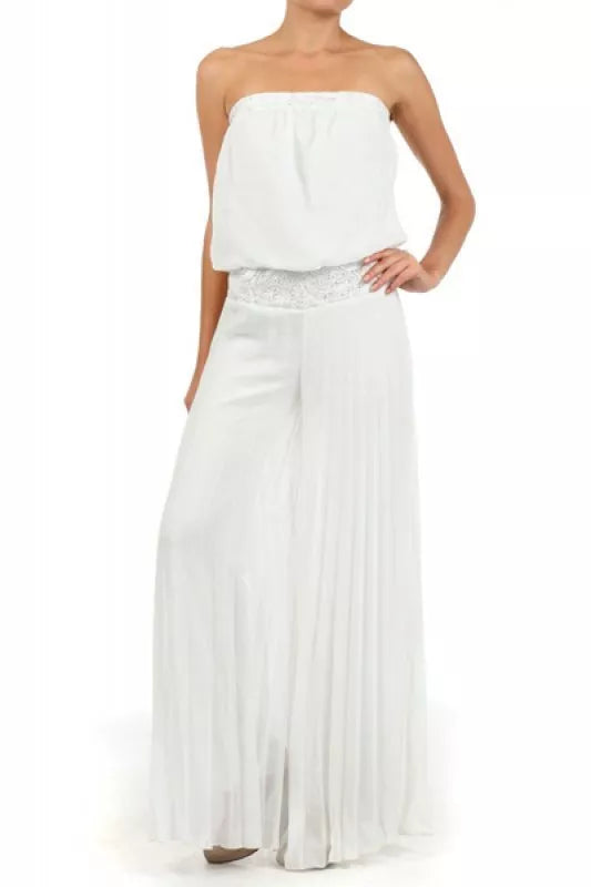 Womens Ladies White Solid Strapless Full Length Jumpsuit With Lace Trim On Waist