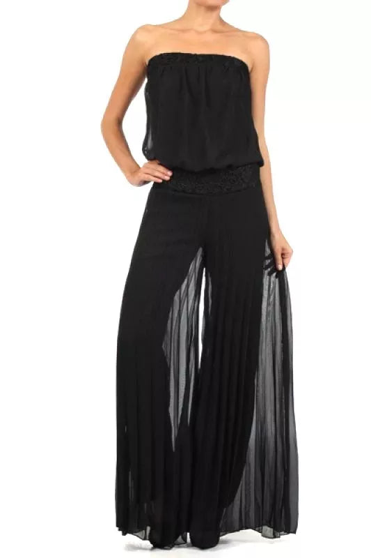 Women's Solid Strapless Full Length Jumpsuit With Lace Trim On Waist, Black