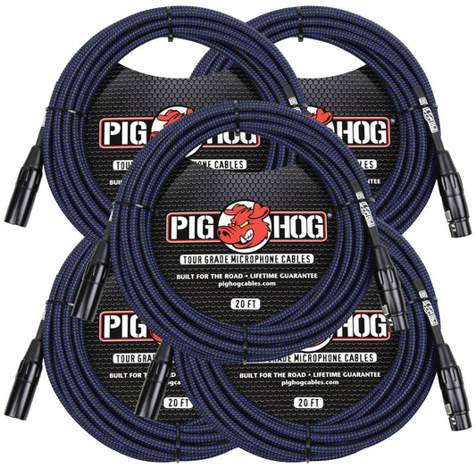 5 Pack Pig Hog Black & Blue High Performance Woven XLR Microphone 20ft Cable PHM20BBL Lifetime Warra