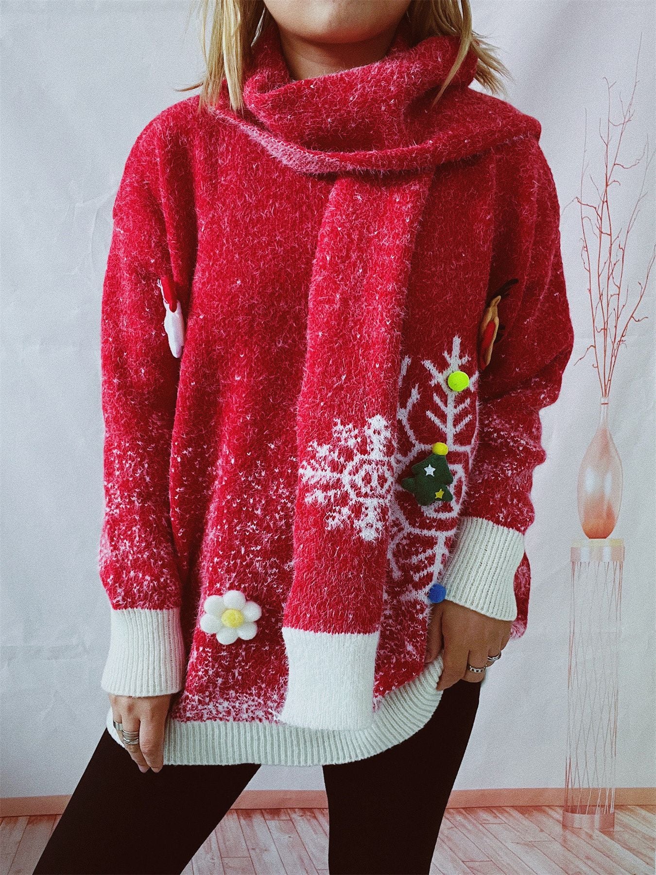 Women's Round Neck Long Sleeve Snowflake Three-dimensional Decoration Christmas Sweater