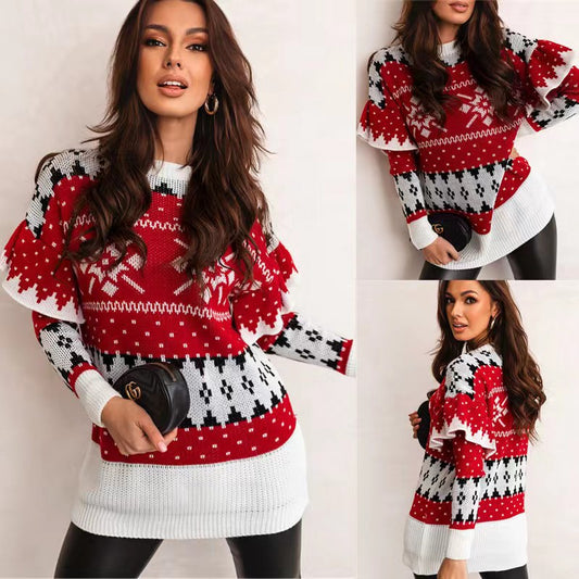 Women's Fashion Christmas Jacquard Loose Crew Neck Sweater