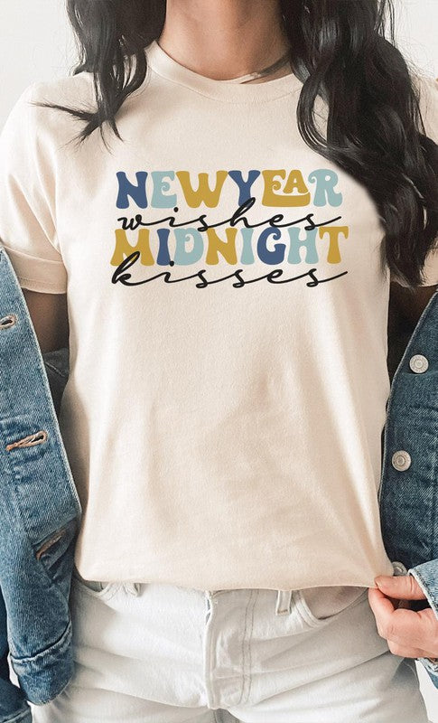 New Year Wishes Midnight Kisses Cursive PLUS Tee