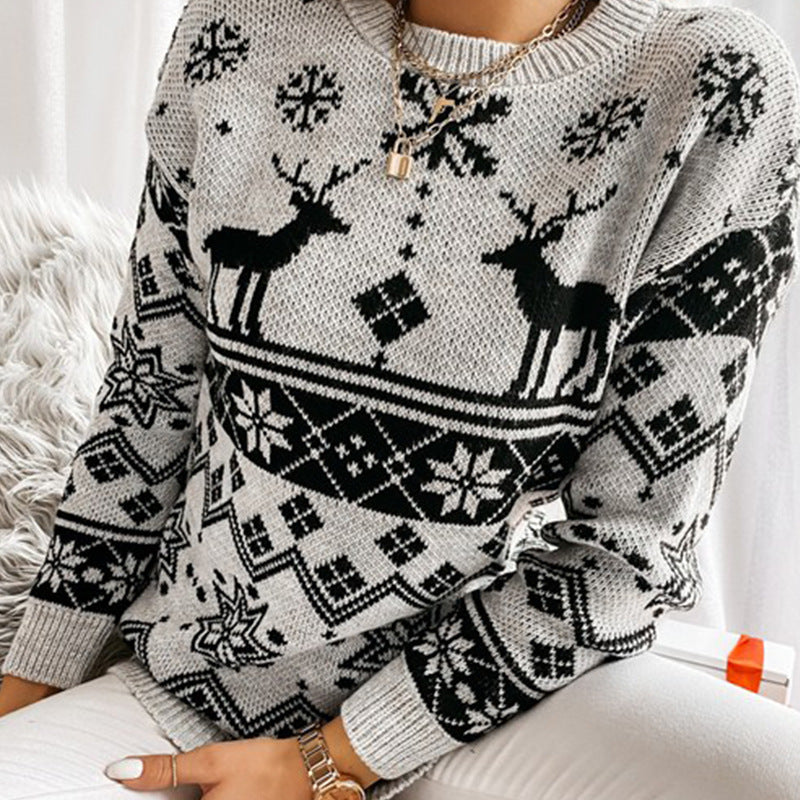 Elk Snowflake Christmas Jacquard Knitted Sweater