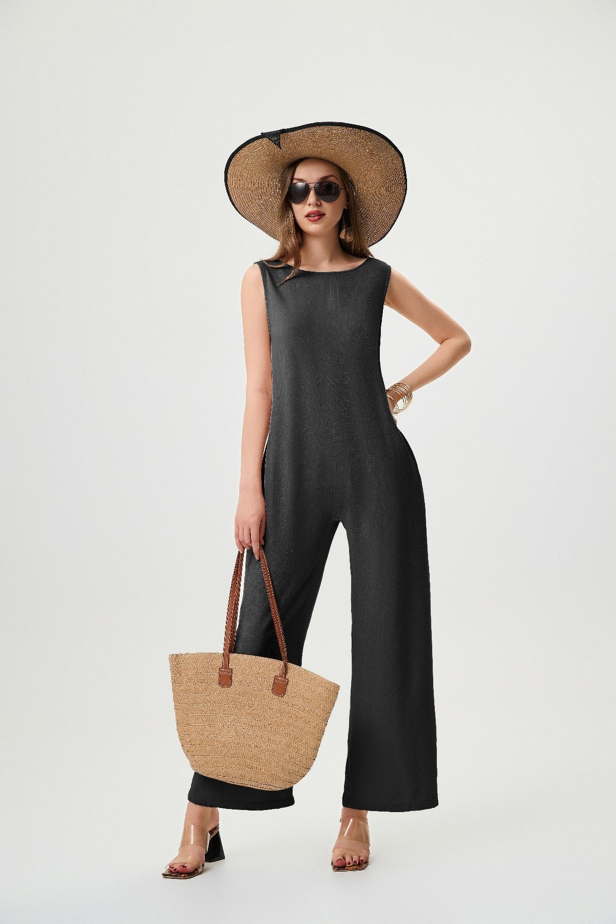 Women's Linen Jumpsuit - Comfortable And Breathable, Elastic Back With Classic H-Line Design And Pockets, Available In Black Apricot And Orange Red