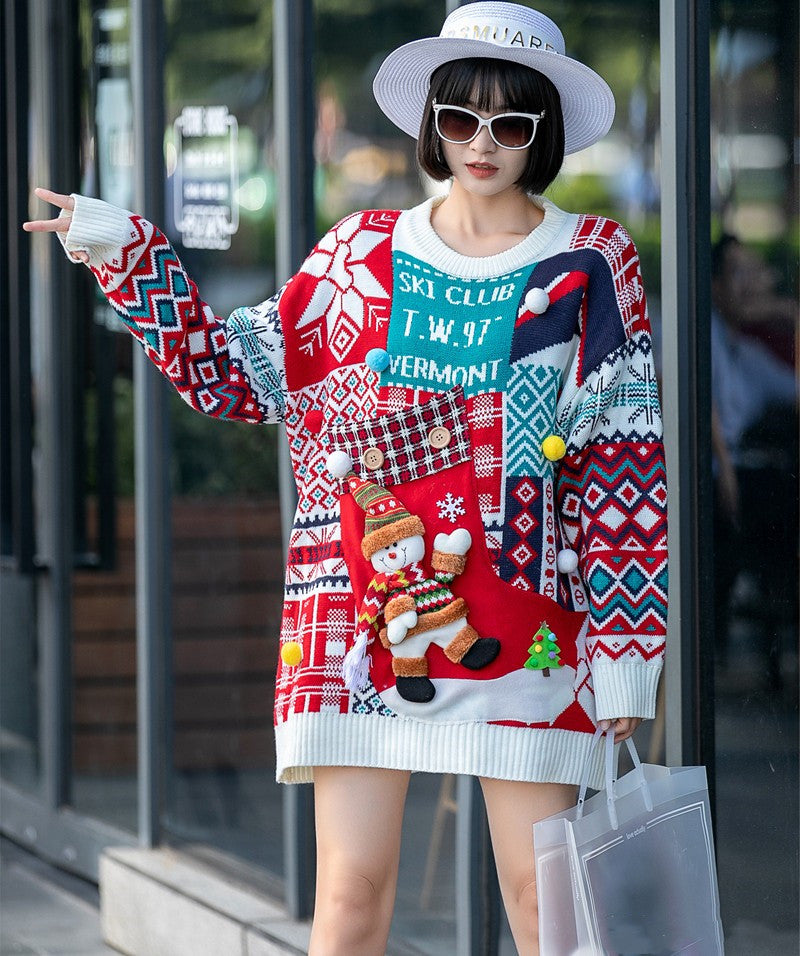 Christmas Snowman Pattern Loose-fitting Female Sweater