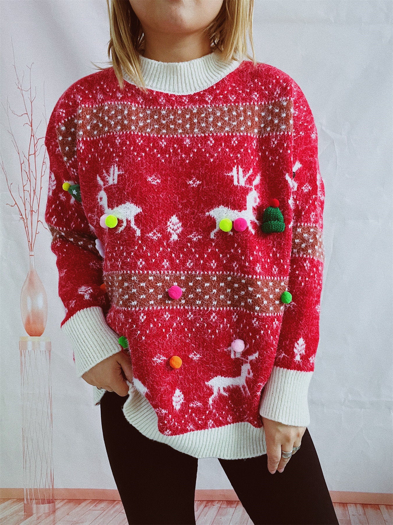 Women's Fashion Deer Snowflake Jacquard Colorful Ball Christmas Sweater Scarf Two-piece Set