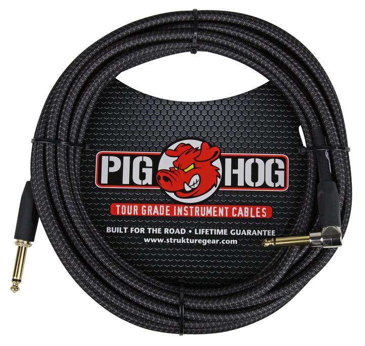 Pig Hog PCH20BKR Black Woven ¼” TO ¼” Right Angle Instrument Cable, 20ft