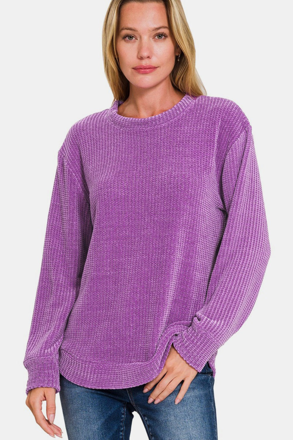 Zenana Chenille Waffle Round Neck Sweater