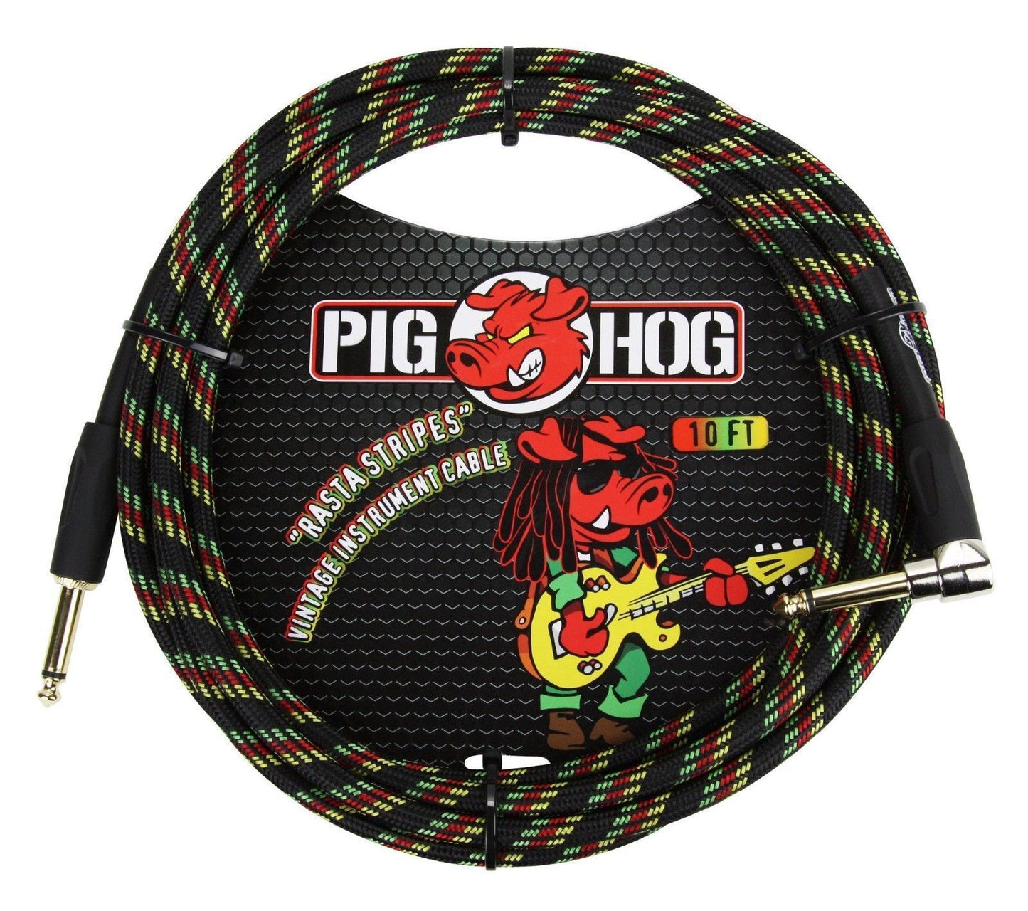 2 - Pack Pig Hog PCH10RAR 1/4" Straight to 1/4" Right-Angle Rasta Instrument Cable 10FT - NEW