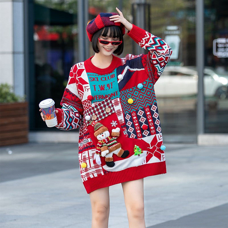 Christmas Snowman Pattern Loose-fitting Female Sweater