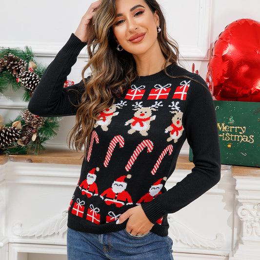 Loose Christmas Sweater Women's Winter Crew Neck Pullover Jacquard