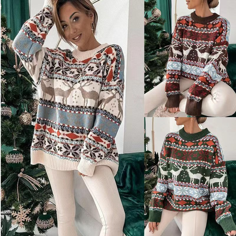 Women's Fashion Round Neck Loose Christmas Theme Jacquard Long Sleeve Sweater