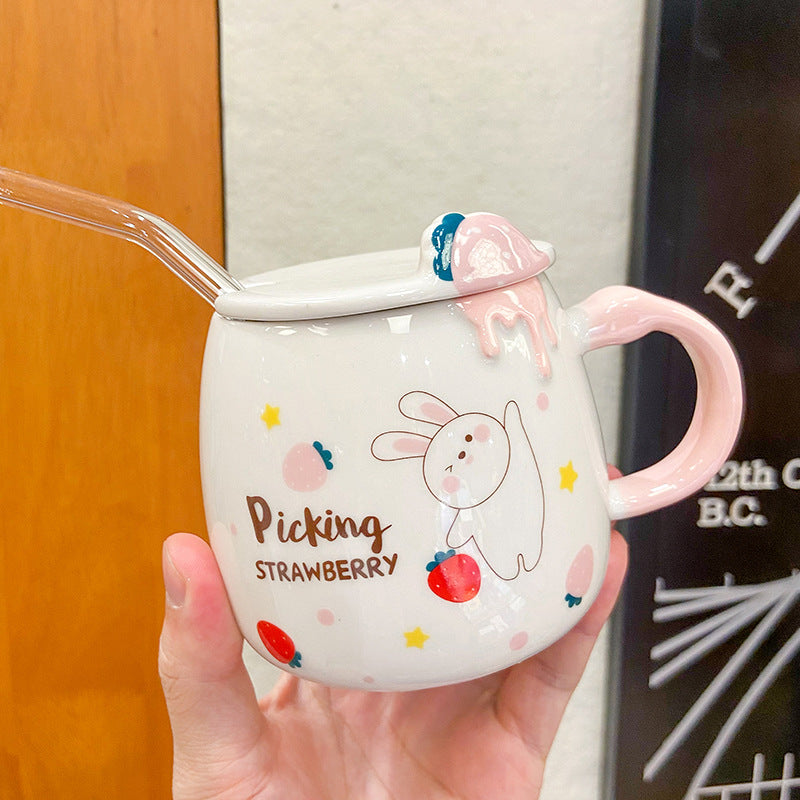 Cute Cartoon Strawberry Rabbit Straw Ceramic Cup