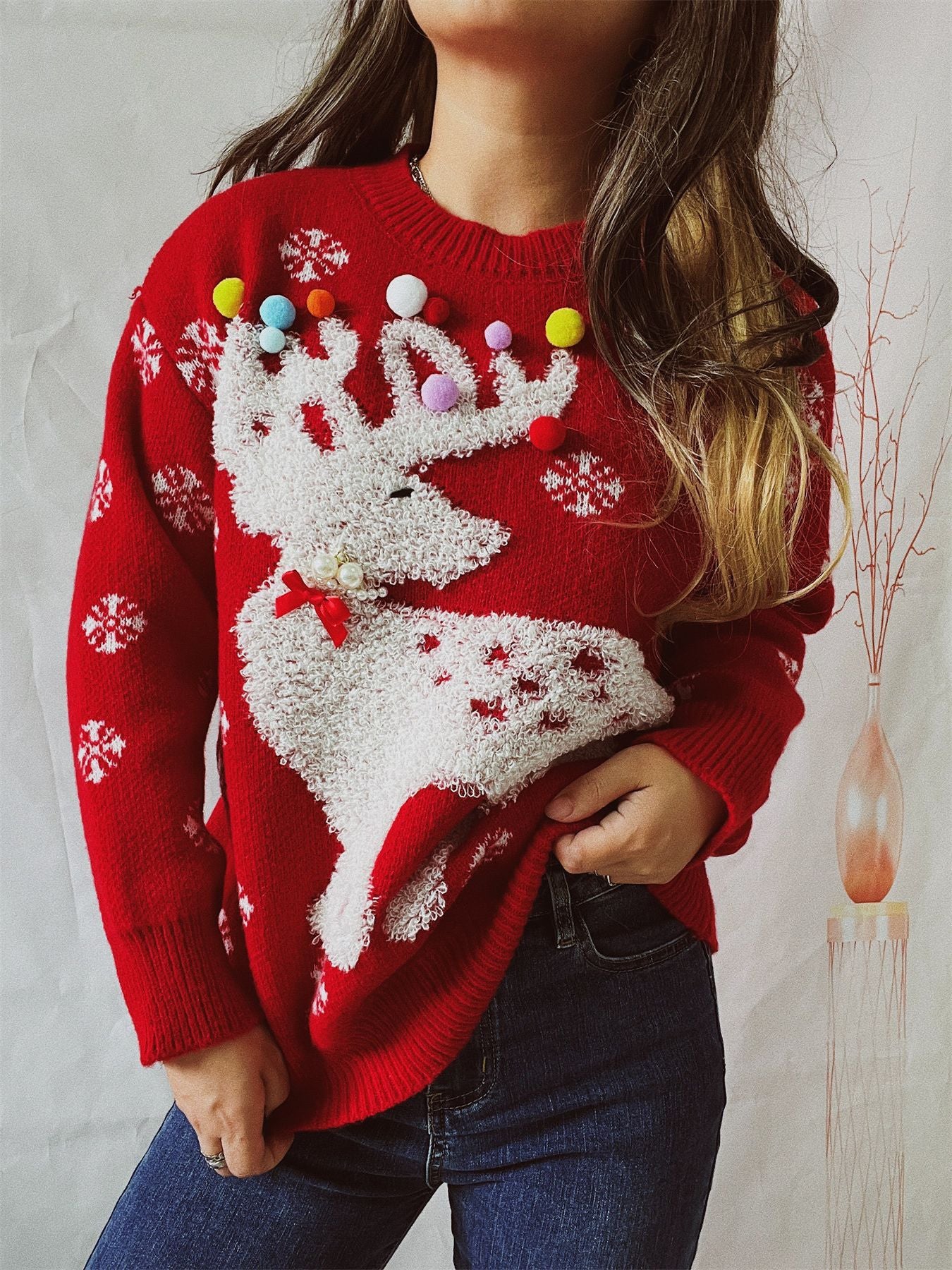 Women's Elk Flocking Jacquard Handmade Pearl Colorful Ball Decorative Knitted Christmas Sweater