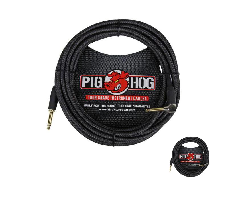 Pig Hog PCH20BKR Black Woven ¼” TO ¼” Right Angle Instrument Cable, 20ft