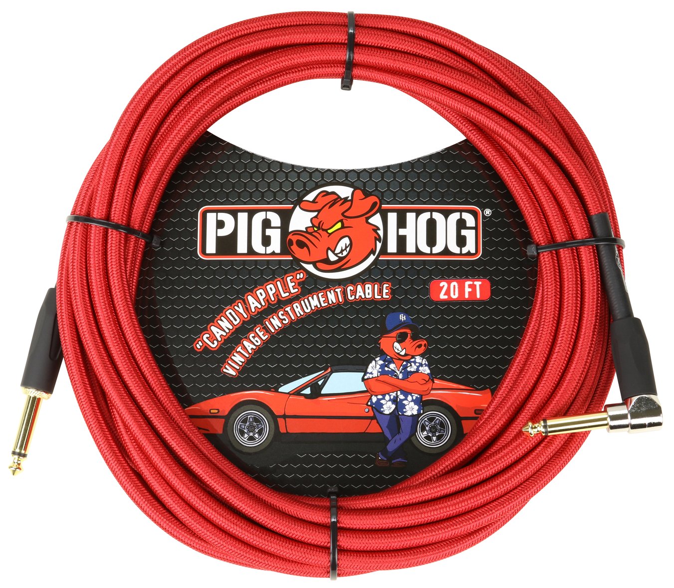 2 Pack Pig Hog 20ft 1/4 Candy Apple Red Guitar Ins Cable Cord Right-Angle PCH20CAR