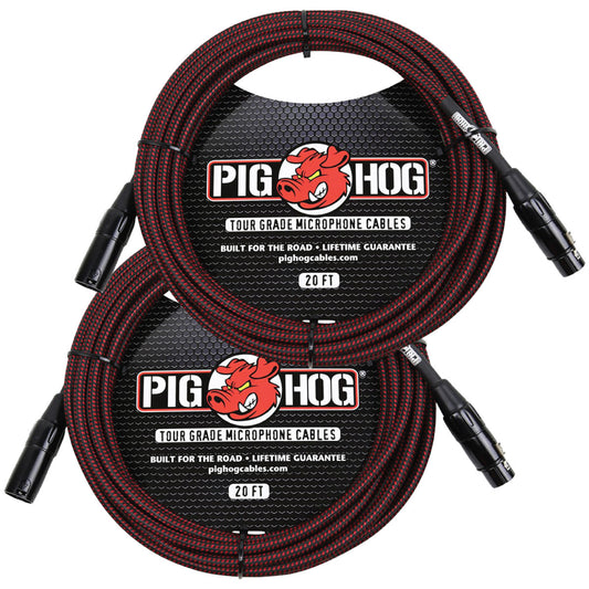 2 Pack Pig Hog B&R High Performance Woven XLR 20 ft Microphone Cable PHM20BRD  Lifetime Warranty!