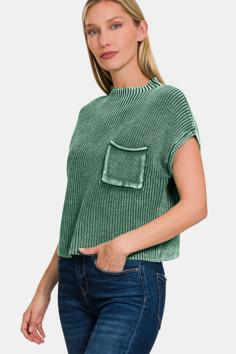 Zenana Washed Mock Neck Short Sleeve Cropped Sweater