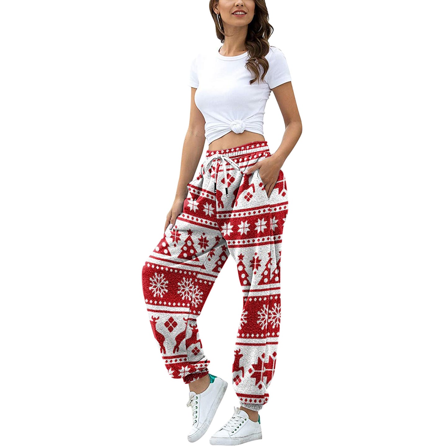 Christmas fleece plaid print pleated volley sweater pants