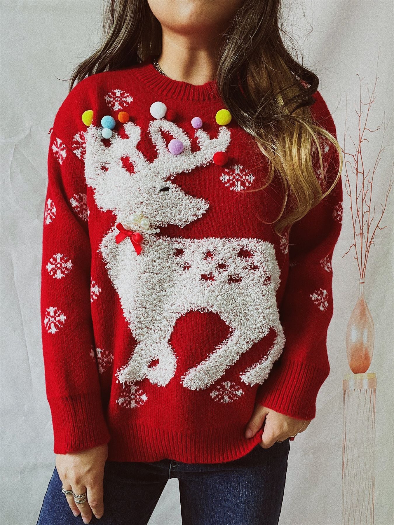 Women's Elk Flocking Jacquard Handmade Pearl Colorful Ball Decorative Knitted Christmas Sweater