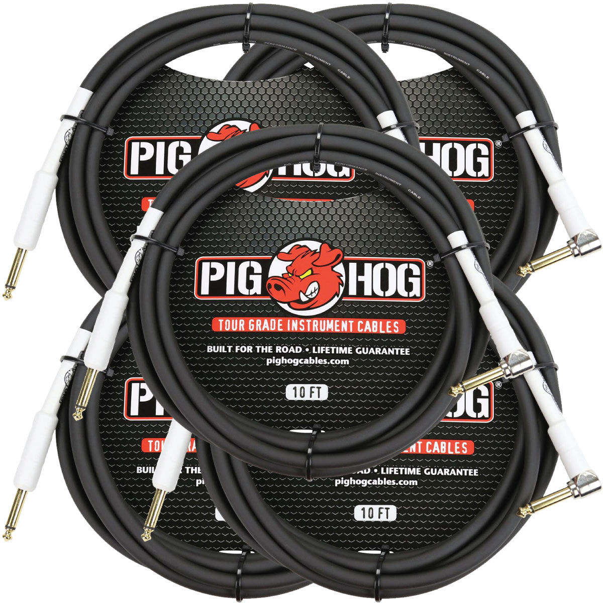 5 Pack Pig Hog PH10R Tour Grade 1/4" TS Straight to Right Angle Instrument Cable - 10'