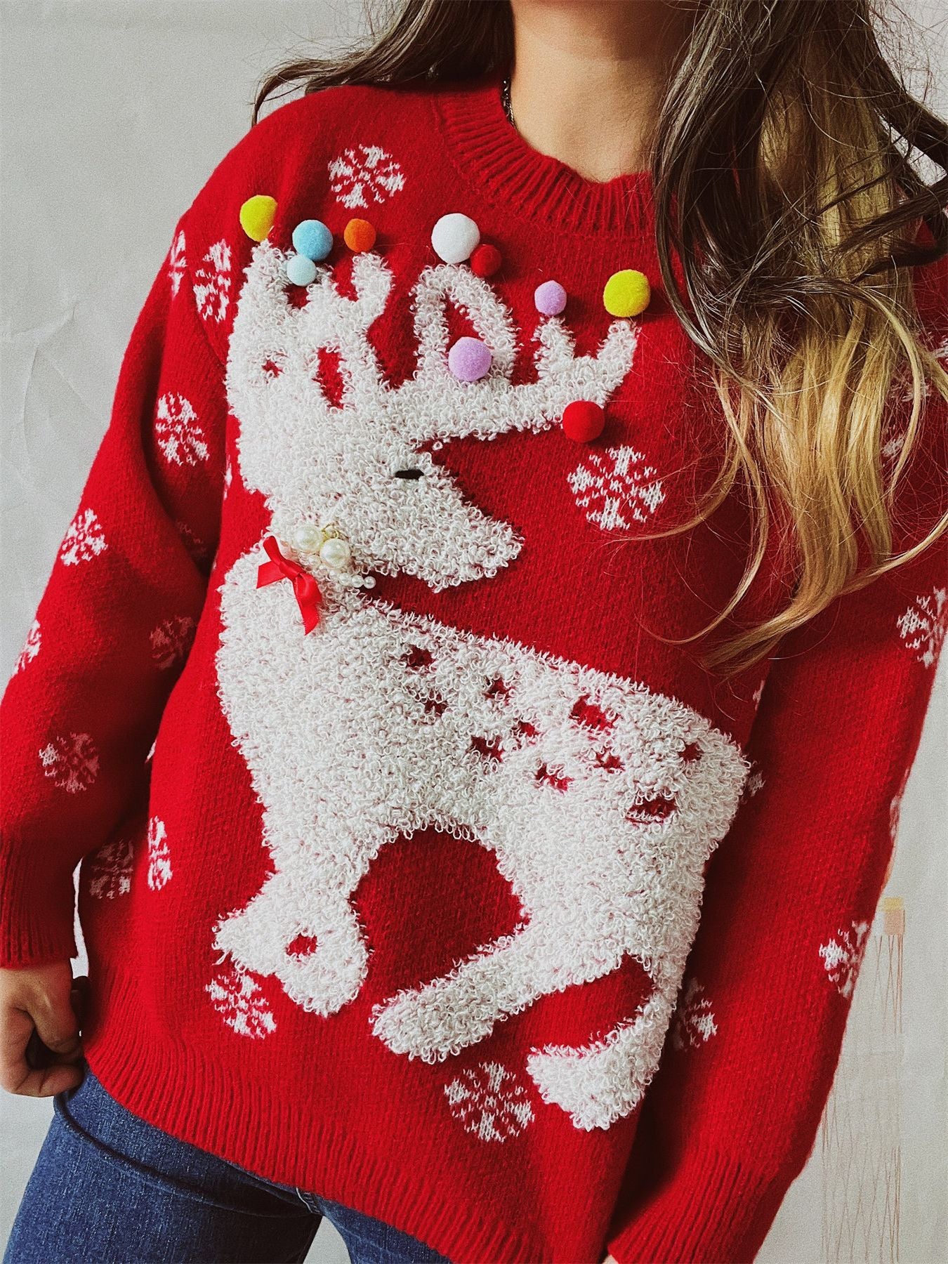 Women's Elk Flocking Jacquard Handmade Pearl Colorful Ball Decorative Knitted Christmas Sweater