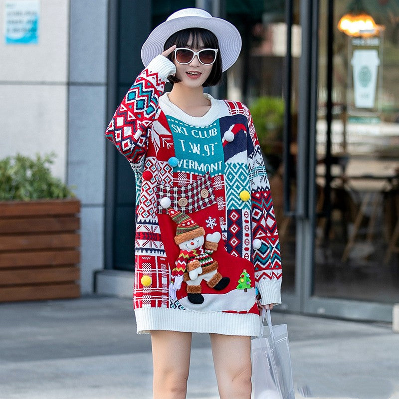 Christmas Snowman Pattern Loose-fitting Female Sweater