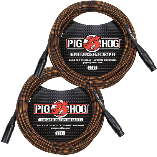 2 PACK Pig Hog PHM20ORG Black & Orange Woven Microphone Cable, 20ft XLR - NEW