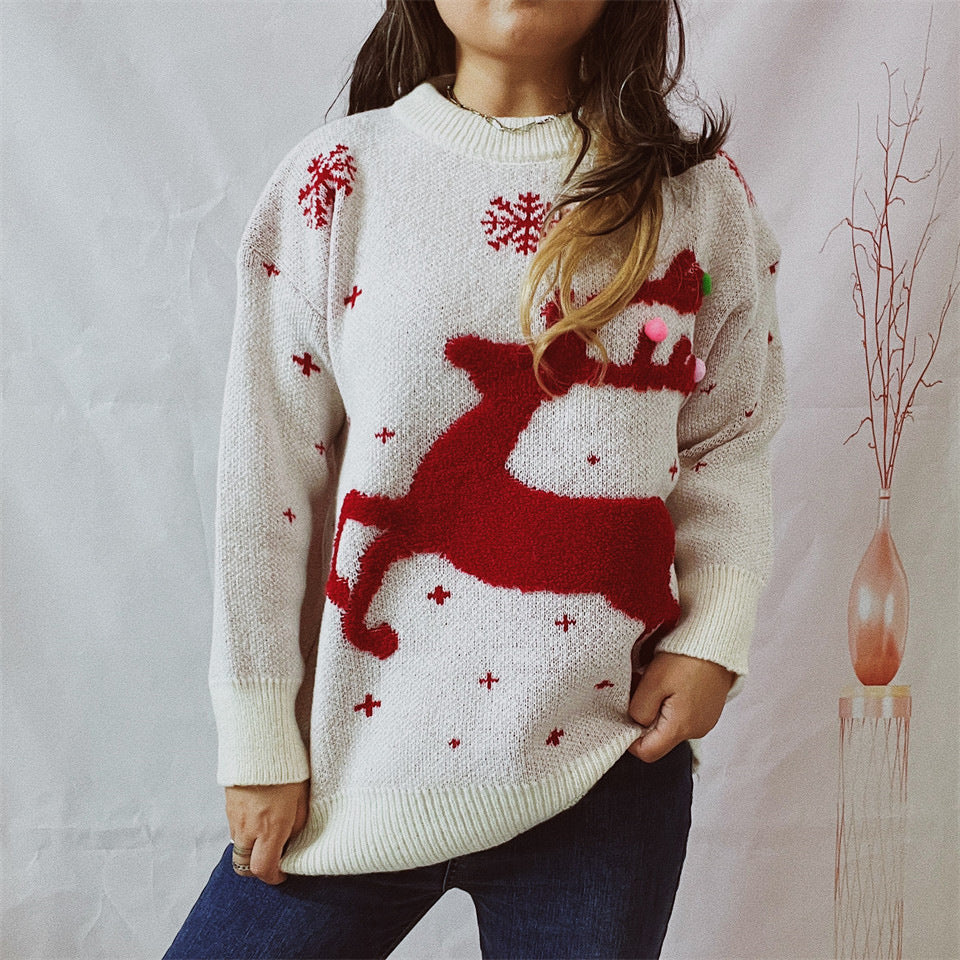 Women's Deer Snowflake Jacquard Colorful Ball Christmas Sweater