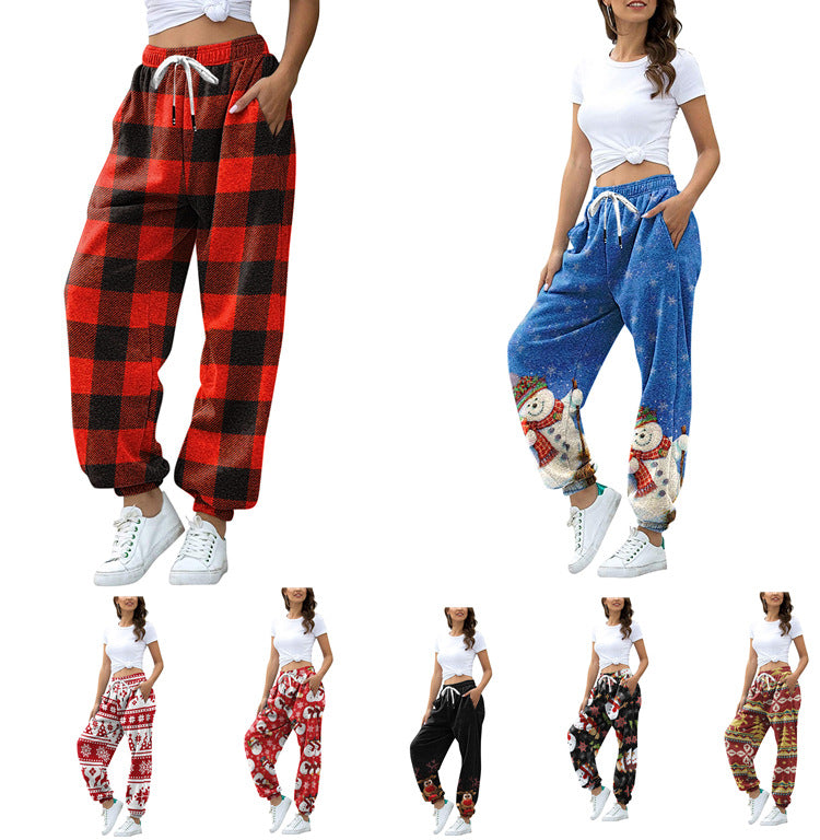 Christmas fleece plaid print pleated volley sweater pants