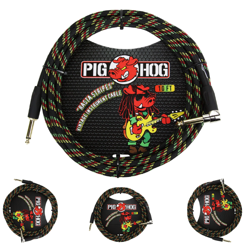 Pig Hog PCH10RAR Instrument Cable, 1/4" Straight to 1/4" Right Angle, Rasta Stripe Woven, 10"ft