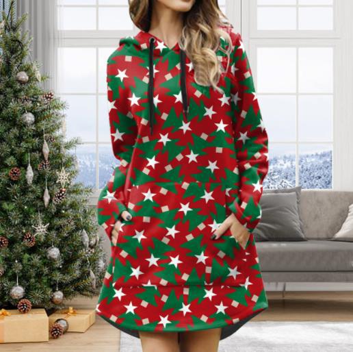 Fall Winter Fashion Fleece-lined Digital Printed Hooded Dress Christmas Sweater