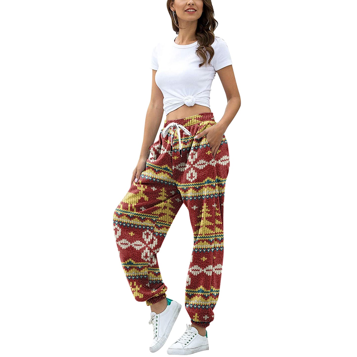 Christmas fleece plaid print pleated volley sweater pants