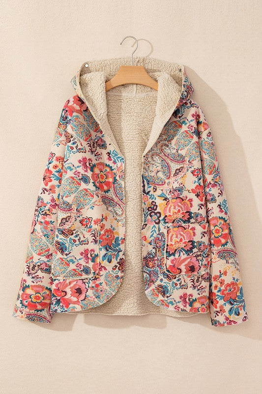 Women Floral Printed Sherpa Lined Hooded Jacket