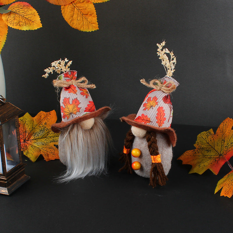 Harvest Festival Faceless Doll Wearing Maple Leaf Top Hat Thanksgiving Doll