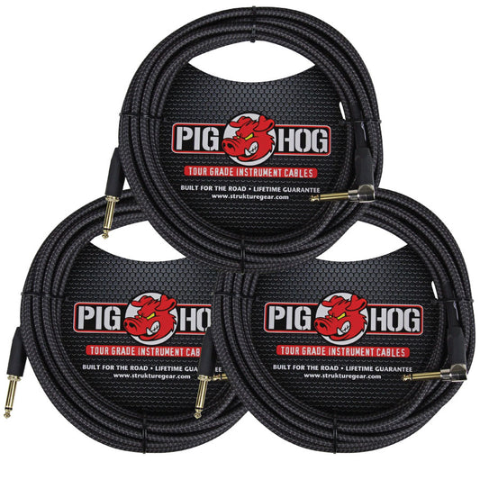 3 Pack Pig Hog PCH20BKR Black Woven ¼” TO ¼” Right Angle Instrument Cable, 20ft