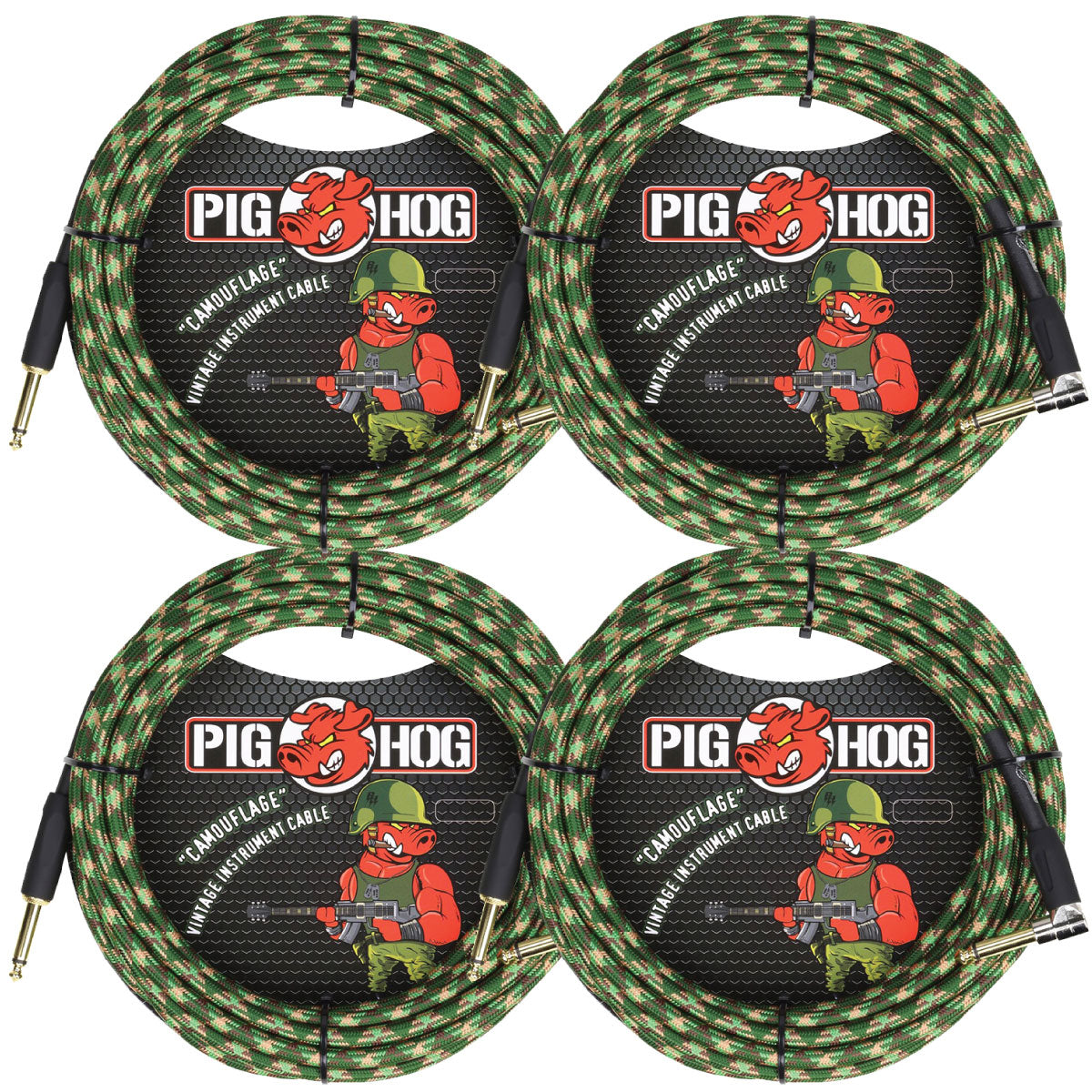 4 PACK Pig Hog Camouflage Instrument Cable 20ft Foot Right Angle PCH20CFR Lifetime Warranty!