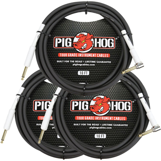 3 Pack Pig Hog PH10R Tour Grade 1/4" TS Straight to Right Angle Instrument Cable - 10'