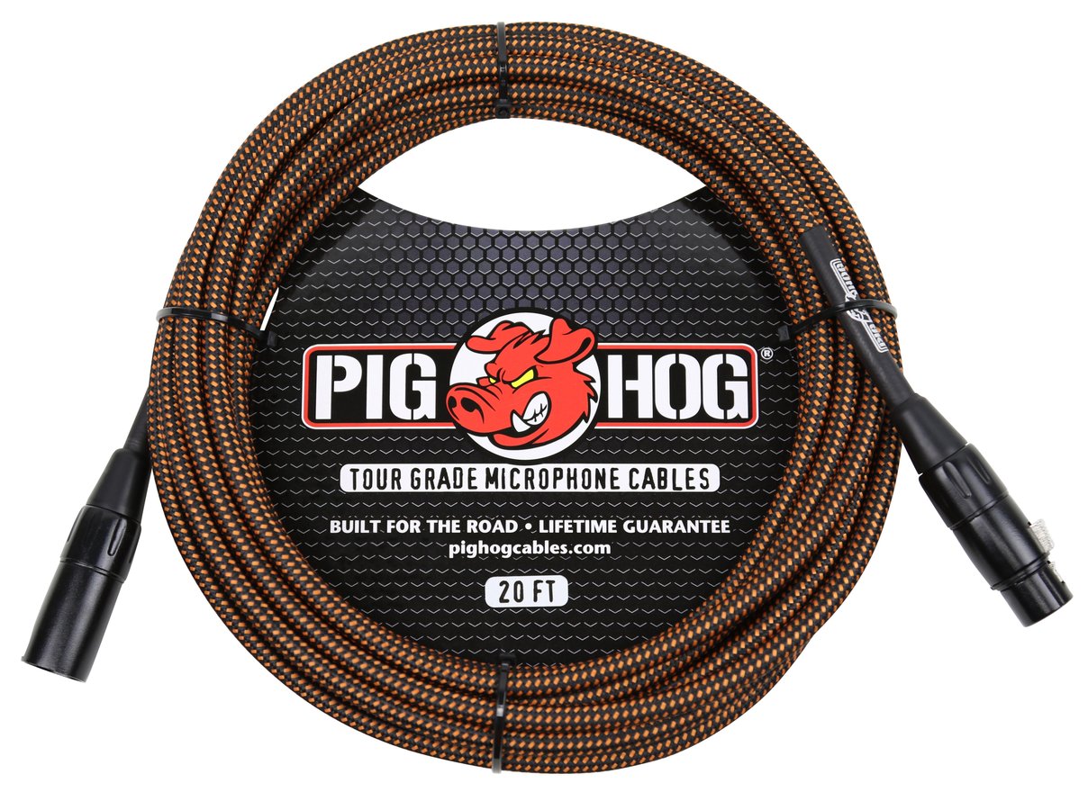 2 PACK Pig Hog PHM20ORG Black & Orange Woven Microphone Cable, 20ft XLR - NEW