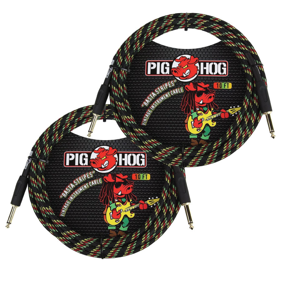 2 Pack Pig Hog PCH10RA "Rasta Stripes" Instrument Cable - 10ft