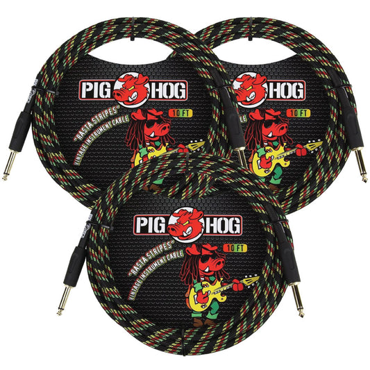 3 Pack Pig Hog PCH10RA "Rasta Stripes" Instrument Cable - 10ft