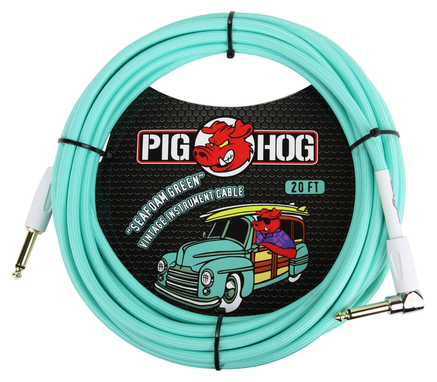 2 - Pack Pig Hog PCH20SGR Right Angle Vintage Woven Instrument Guitar Cable 20ft Seafoam Green - NEW