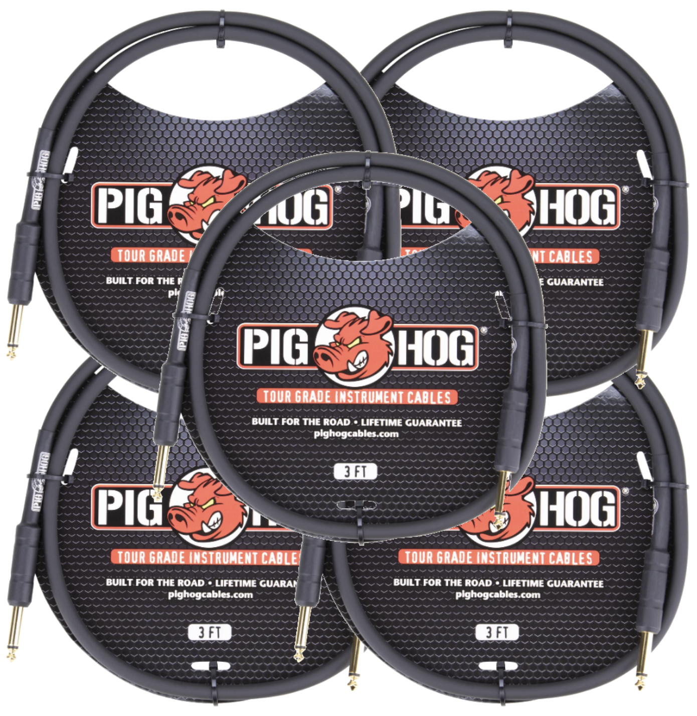 New - 5 Pack Pig Hog PH3 1/4 Straight Instrument Guitar Cord 3 Feet  Patch Cable 8mm Black