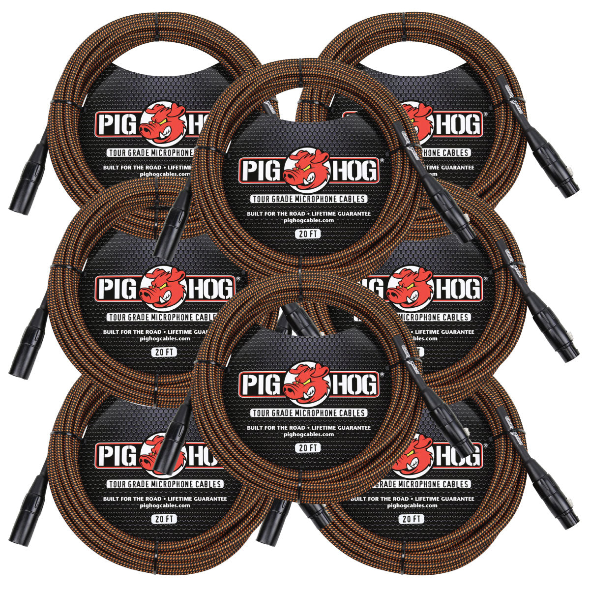 8 PACK Pig Hog PHM20ORG Black & Orange Woven Microphone Cable, 20ft XLR - NEW